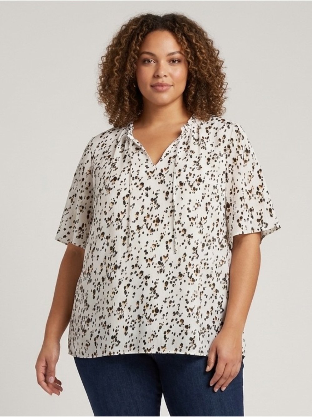 Nine West Lightweight Cream Blouse with Black and Brown Spot Print Size 3X